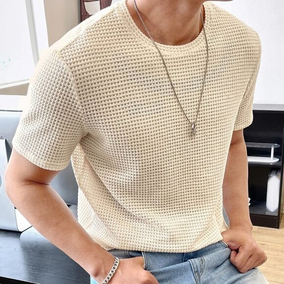 . Other - Beige Preppy Mens Solid Waffle Knit Tee